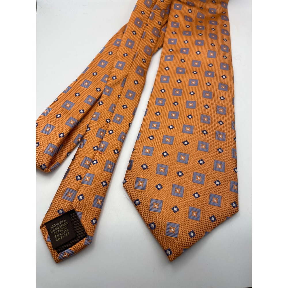 Tasso Elba Mens Orange Blue Geometric Square Silk Necktie Hand Made 3.75 Inch